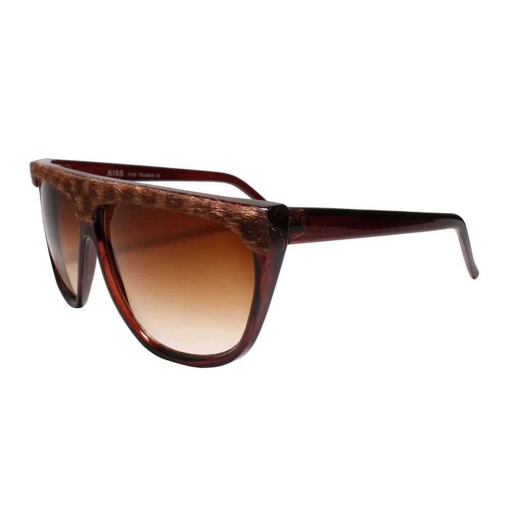 Exotic Vintage Square Sunglasses Flat Top w/ Fabric Accent Brown Fashion Shades
